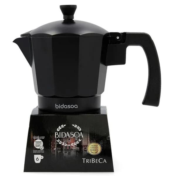 Cafetera italiana Tribeca, aluminio y acero inoxidable negro, apta para todo tipo de cocinas BIDASOA, 12 tazas - 1 ud - Imagen del producto en Findit