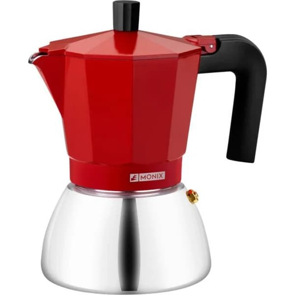 Cafetera Italiana roja Induction inox, tecnologia Bi-clad, mango termoresistente, apta para todo tipo de cocinas MONIX, 9 tazas - 1 ud - Imagen del producto en Findit
