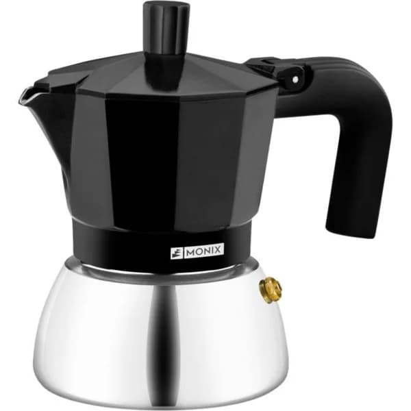 Cafetera Italiana negra Induction inox, tecnologia Bi-clad, mango termoresistente, apta para todo tipo de cocinas MONIX, 3 tazas - 1 ud - Imagen del producto en Findit