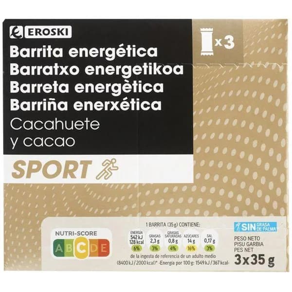Barrita energética c/ cacahuete-cacao y dátil EROSKI, caja 105 g - 0.1 kg - Imagen del producto en Findit