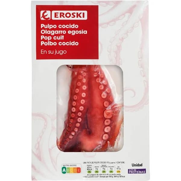Pata de pulpo jugo cocido EROSKI, bandeja 250 g - 0.25 kg - Imagen del producto en Findit