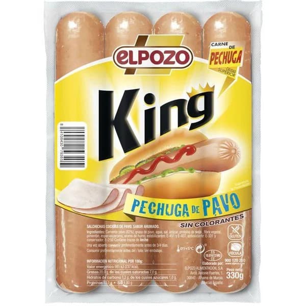 Salchicha king pechuga de pavo EL POZO, sobre 330 g - 1 ud - Imagen del producto en Findit