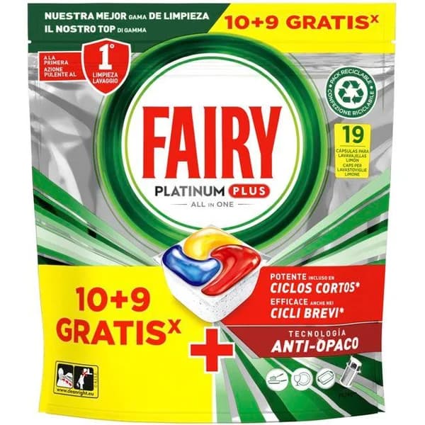 Lavavajillas máquina FAIRY PLATINUM PLUS, bolsa 10+9 dosis - 9 ud - Imagen del producto en Findit