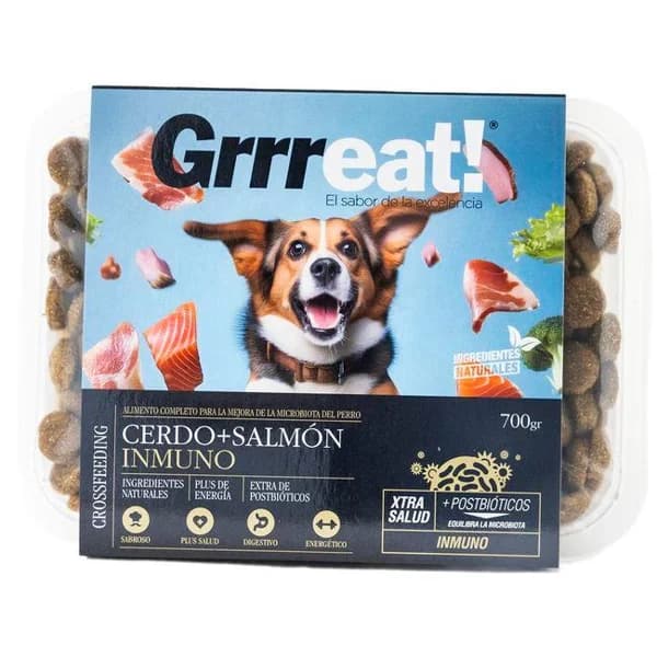 Crossfeeding de cerdo y salmón para perro GRRREAT, bandeja 700 g - 1 ud - Imagen del producto en Findit