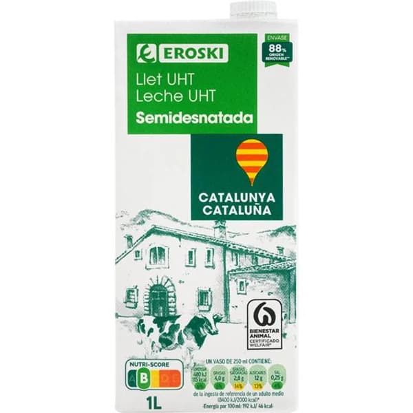 Leche semidesnatada de Cataluña EROSKI, brik 1 litro - 1 l - Imagen del producto en Findit
