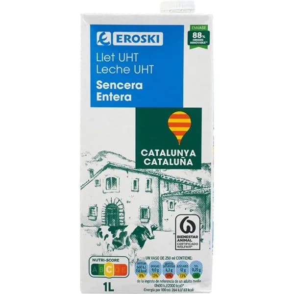 Leche entera de Cataluña EROSKI, brik 1 litro - 1 l - Imagen del producto en Findit