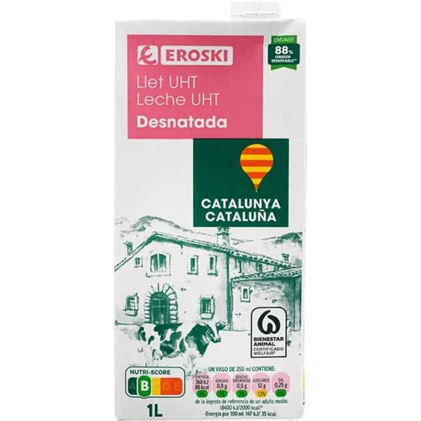 Leche desnatada de Cataluña EROSKI, brik 1 litro - 1 l - Imagen del producto en Findit