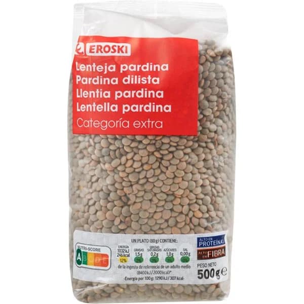 Lenteja pardina EROSKI, paquete 500 g - 0.5 kg - Imagen del producto en Findit