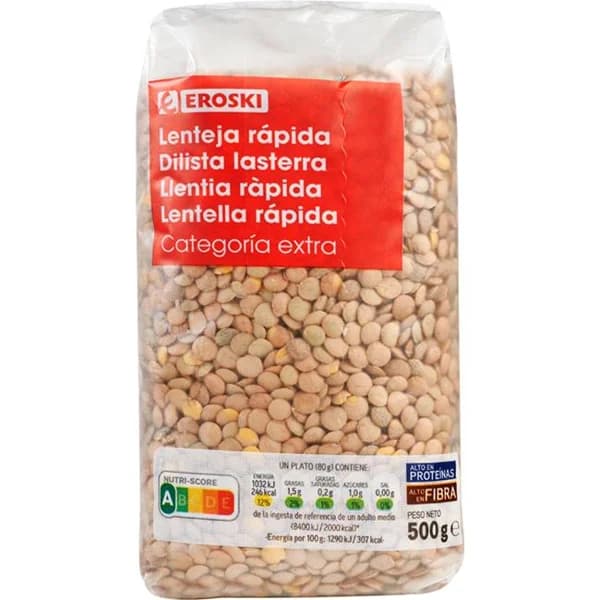 Lenteja rápida EROSKI, paquete 500 g - 0.5 kg - Imagen del producto en Findit
