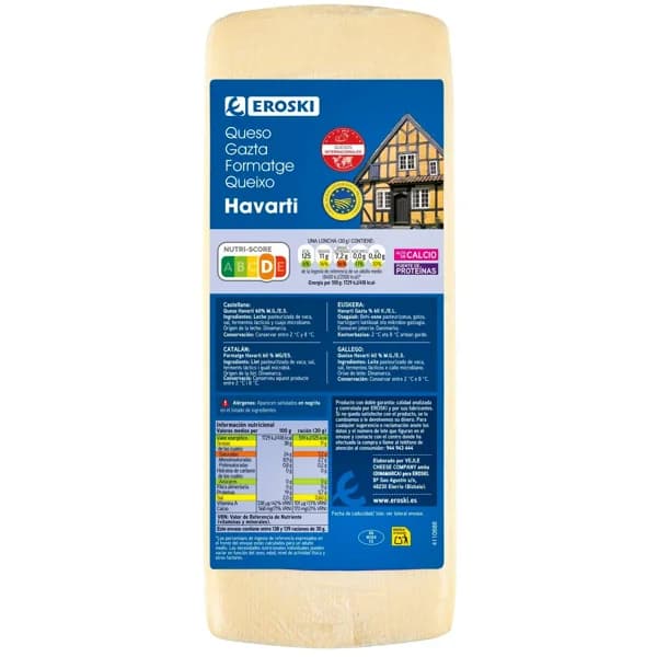 Queso barra Havarti IGP 60% MG EROSKI, al corte, compra mínima 250 g - 0.25 kg - Imagen del producto en Findit