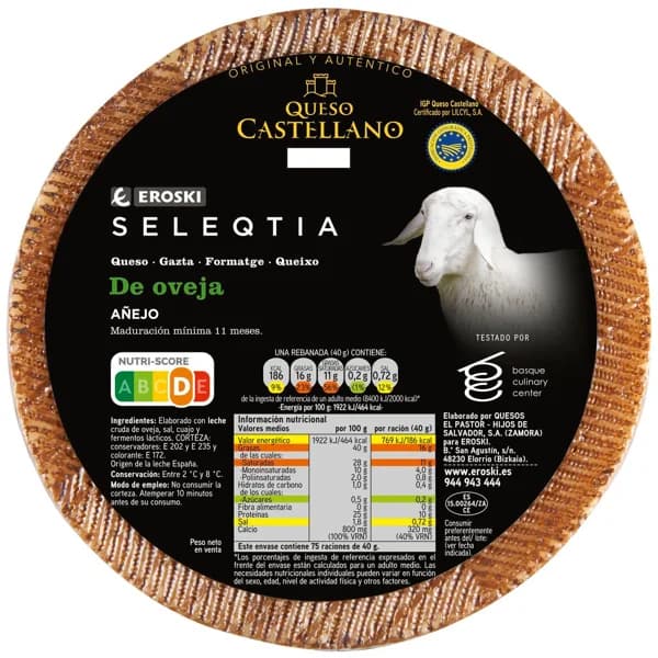 Queso añejo de oveja EROSKI SELEQTIA, al corte, compra mínima 250 g - 0.25 kg - Imagen del producto en Findit