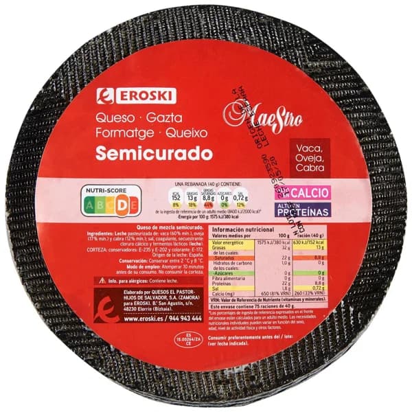 Queso mezcla semicurado EROSKI MAESTRO, al corte, compra mínima 250 g - 0.25 kg - Imagen del producto en Findit