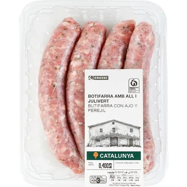 Butifarra fresca cerdo con ajo y perejil EROSKI, bandeja 400 g - 0.4 kg - Imagen del producto en Findit
