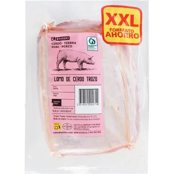 Lomo de cerdo en trozo XXL EROSKI, bandeja peso aprox. 900 g - 0.9 kg - Imagen del producto en Findit