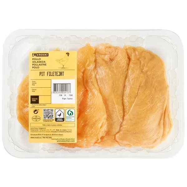 Pechuga de pollo fileteada EROSKI, bandeja aprox. 450 g - 0.45 kg - Imagen del producto en Findit