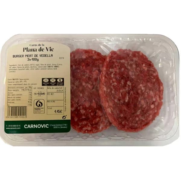 Hamburguesa de ternera PLANA DE VIC, bandeja 318 g - 0.32 kg - Imagen del producto en Findit