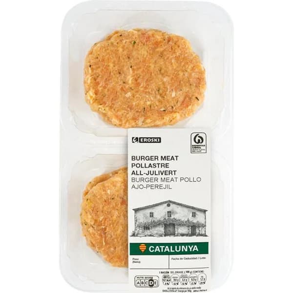 Burger meat pollo ajo-perejil EROSKI, 4 uds., bandeja 400 g - 0.4 kg - Imagen del producto en Findit