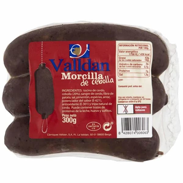 Morcilla de cebolla VALLDAN, pieza 300 g - 0.3 kg - Imagen del producto en Findit
