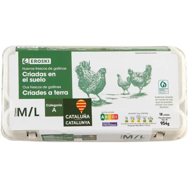 Huevo fresco suelo M/L EROSKI CATALUÑA, 18 unidades - 18 ud - Imagen del producto en Findit