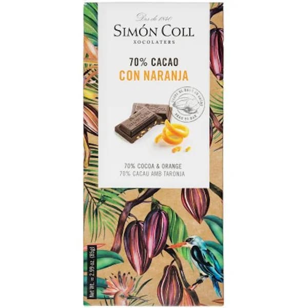 Chocolate 70% cacao con naranja SIMÓN COLL, tableta 85 g - 0.09 kg - Imagen del producto en Findit