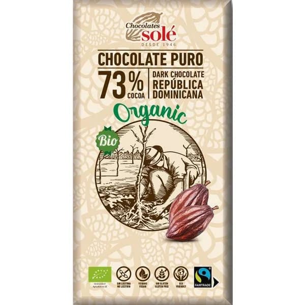 Chocolate negro bio 73% cacao CHOCOLATES SOLÉ, caja 100 g - 0.1 kg - Imagen del producto en Findit