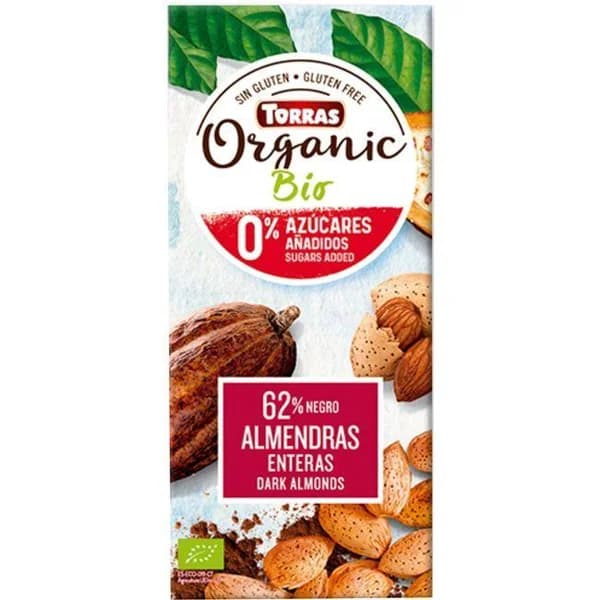 Chocolate negro bio s/ azúc 62% almendras TORRAS, tableta 150 g - 0.15 kg - Imagen del producto en Findit