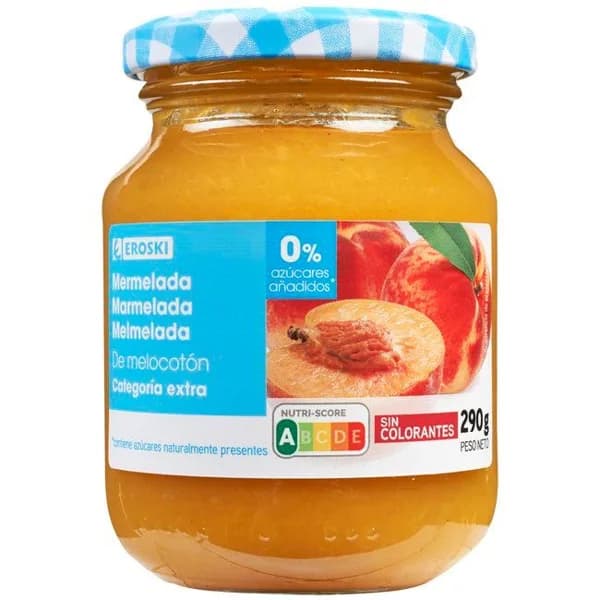 Mermelada de melocotón 0% EROSKI, frasco 290 g - 0.29 kg - Imagen del producto en Findit