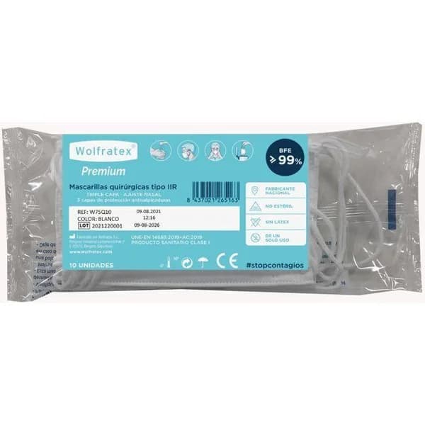 Mascarilla adulto quirúrgica blanca WOLFRATEX, pack 10 uds - 10 ud - Imagen del producto en Findit