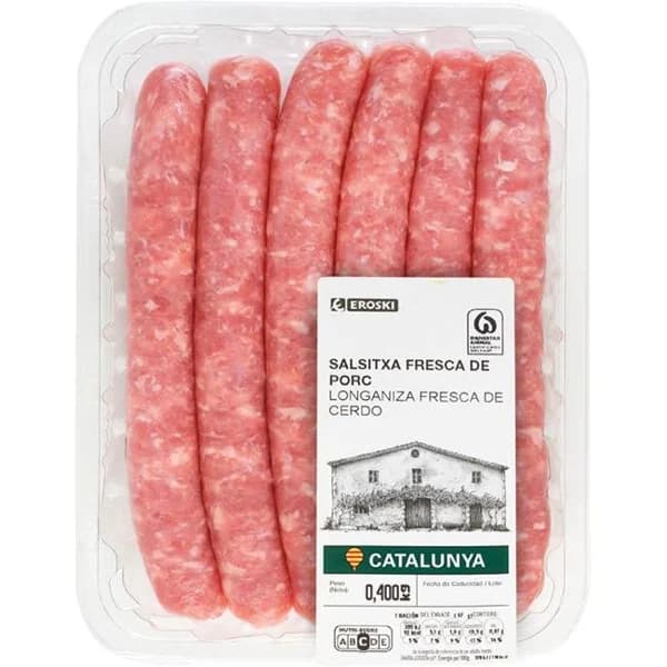 Salchicha fresca de cerdo EROSKI, bandeja 400 g - 0.4 kg - Imagen del producto en Findit