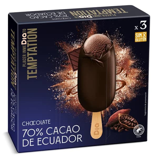 Helado bombón 70% cacao Ecuador 3 unidades Temptation de Dia caja 201 g - 0.2 ud - Imagen del producto en Findit