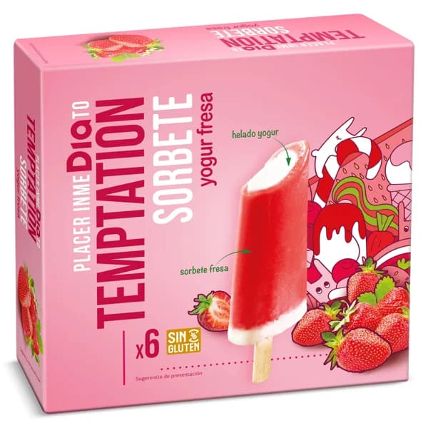 Helado de yogur sabor fresa 6 unidades Temptation de Dia caja 258 g - 0.26 ud - Imagen del producto en Findit