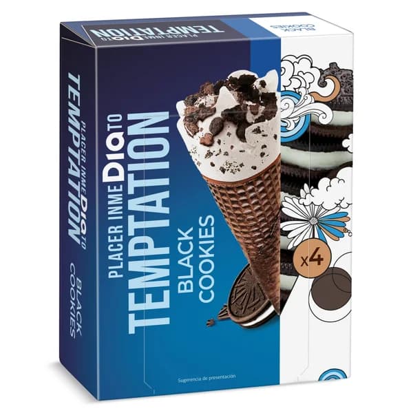 Helado cono black cookies 4 unidades Temptation de Dia caja 260 g - 0.26 kg - Imagen del producto en Findit