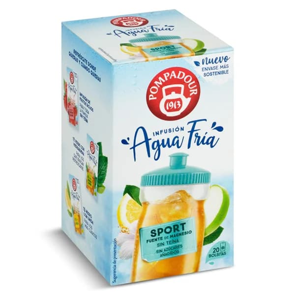 Infusión sport con magnesio agua fría Pompadour caja 20 unidades - 19.64 ud - Imagen del producto en Findit