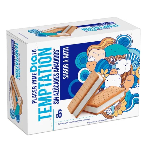 Helado sándwich de nata sin azúcar añadido 6 unidades Temptation de Dia caja 300 g - 0.3 kg - Imagen del producto en Findit