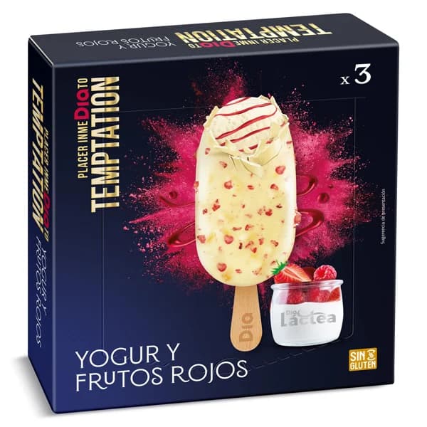 Helado bombón chocolate blanco con yogur y frambuesa 3 unidades Temptation de Dia estuche 276 g - 0.2 kg - Imagen del producto en Findit