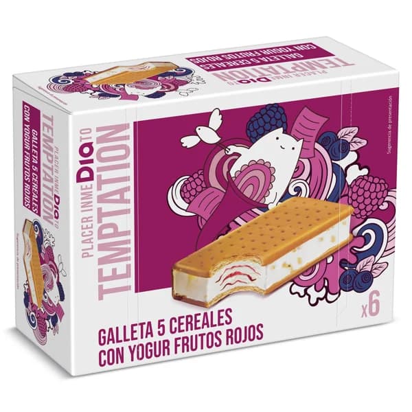 Helado sandwich yogur con frutos rojos 6 unidades Temptation de Dia caja 342 g - 0.34 ud - Imagen del producto en Findit