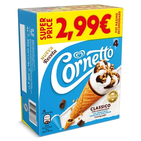 Helado cono clásico 4 unidades Cornetto caja 240 g - 0.24 kg - Imagen del producto en Findit