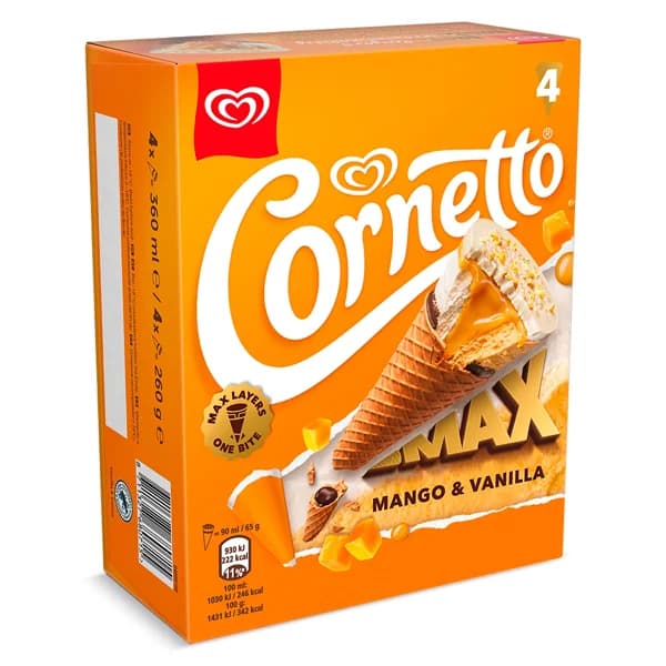 Helado cono de mango y vainilla max 4 unidades Cornetto caja 260 g - 0.26 ud - Imagen del producto en Findit