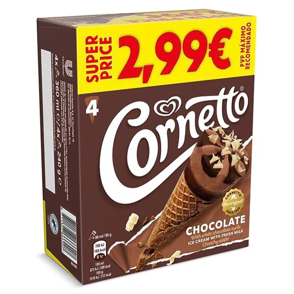Helado cono de chocolate 4 unidades Cornetto caja 240 g - 0.24 kg - Imagen del producto en Findit
