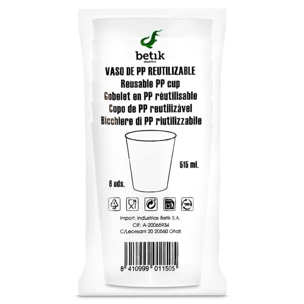 Vaso de pp reutilizable de 515 ml Betik bolsa 6 unidades - 1 ud - Imagen del producto en Findit