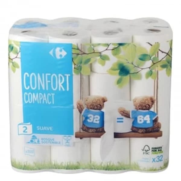 Papel higiénico confort compact doble rollo Carrefour 32 rollos. - 31.86 ud - Imagen del producto en Findit