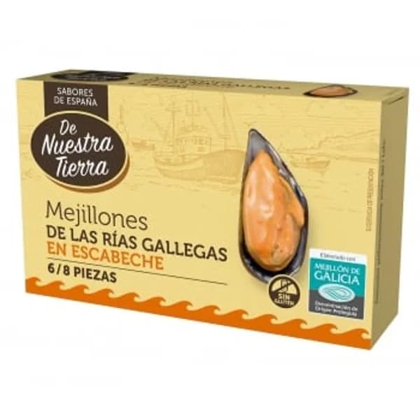 Mejillones en escabeche fritos en aceite de oliva 6/8 De Nuestra Tierra sin gluten 69 g. - 0.07 kg - Imagen del producto en Findit