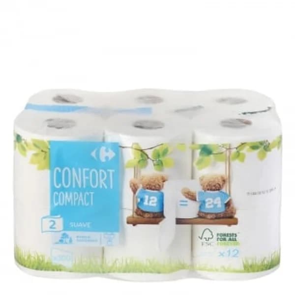 Papel higiénico compact doble rollo Carrefour 12 rollos. - 12.14 ud - Imagen del producto en Findit