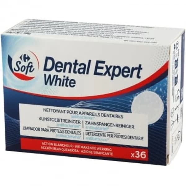 Tabletas limpiadoras para prótesis dentales antibacteriana acción blanqueadora Carrefour Soft 36 ud. - 34.38 ud - Imagen del producto en Findit