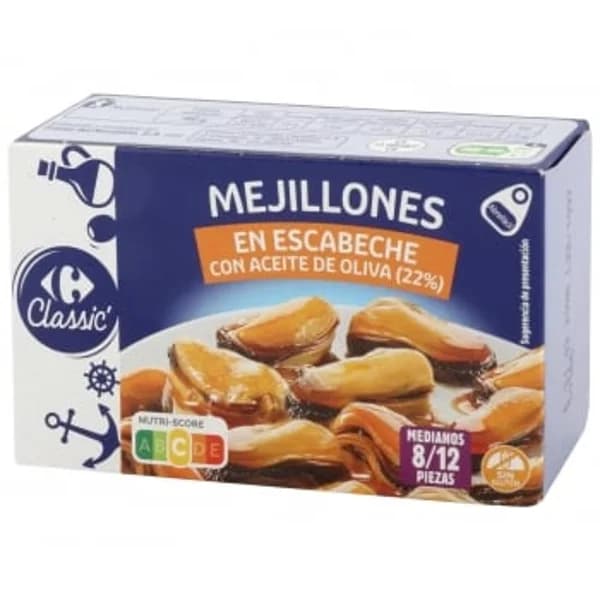 Mejillones en escabeche 8/12 Classic Carrefour sin gluten 69 g. - 0.07 kg - Imagen del producto en Findit