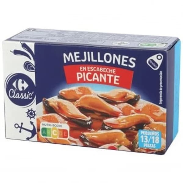 Mejillones en escabeche picante 13/18 Clasicc Carrefour 69 g. - 0.07 kg - Imagen del producto en Findit