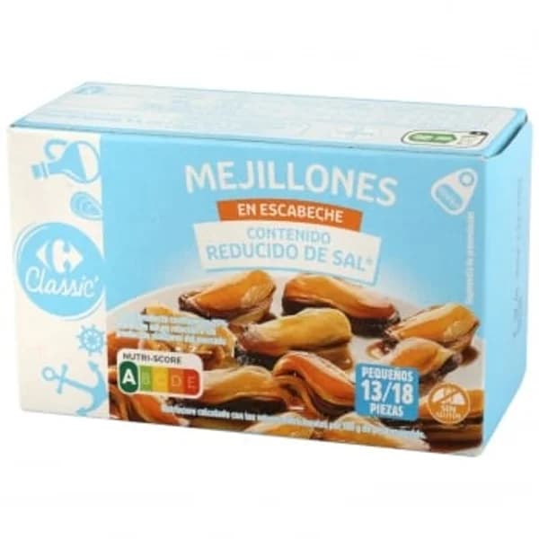 Mejillón en escabeche 13/18 bajo contenido en sal Classic Carrefour sin gluten 69 g. - 0.07 kg - Imagen del producto en Findit