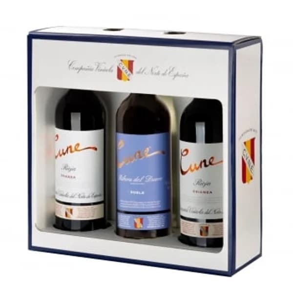 Estuche de 2 vinos tinto crianza Cune D.O. Ca. Rioja 75 cl + 1 botella de vino tinto roble D.O. Ribera del Duero 75 cl - 1 ud - Imagen del producto en Findit