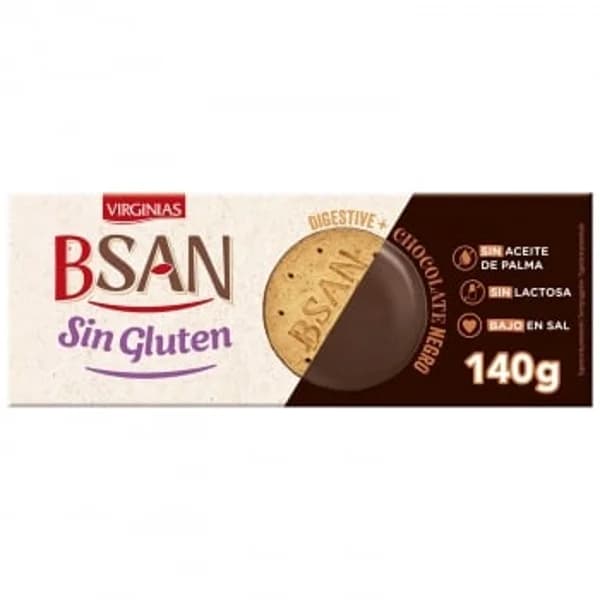 Galleta con chocolate negro Digestive B-San Virginias sin gluten, sin lactosa y sin aceite de palma 140 g. - 0.14 kg - Imagen del producto en Findit