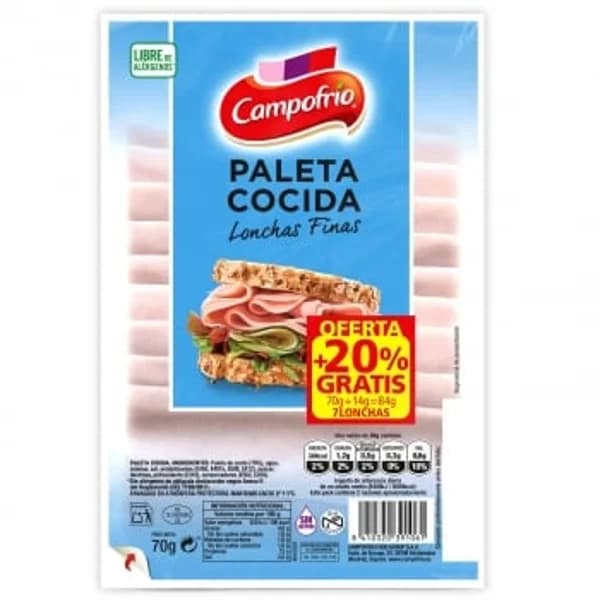 Paleta cocida en lonchas finas Campofrío sin gluten y sin lactosa 70 g - 0.07 kg - Imagen del producto en Findit